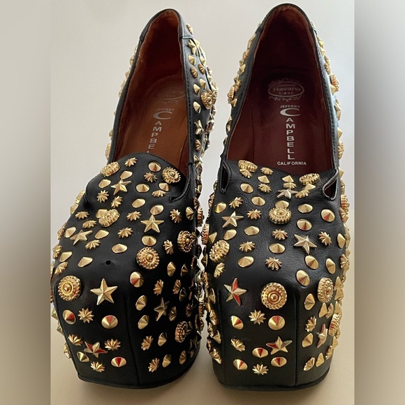 Jeffrey Campbell Shoes - Jeffrey Campbell Black Leather Studded Platform Loafers with Gold Embellishments
